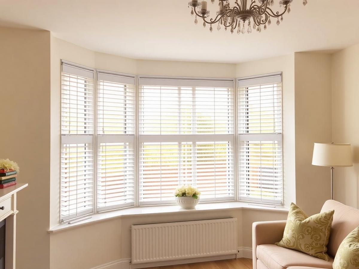 White faux wood venetian blinds fitted to a bay window