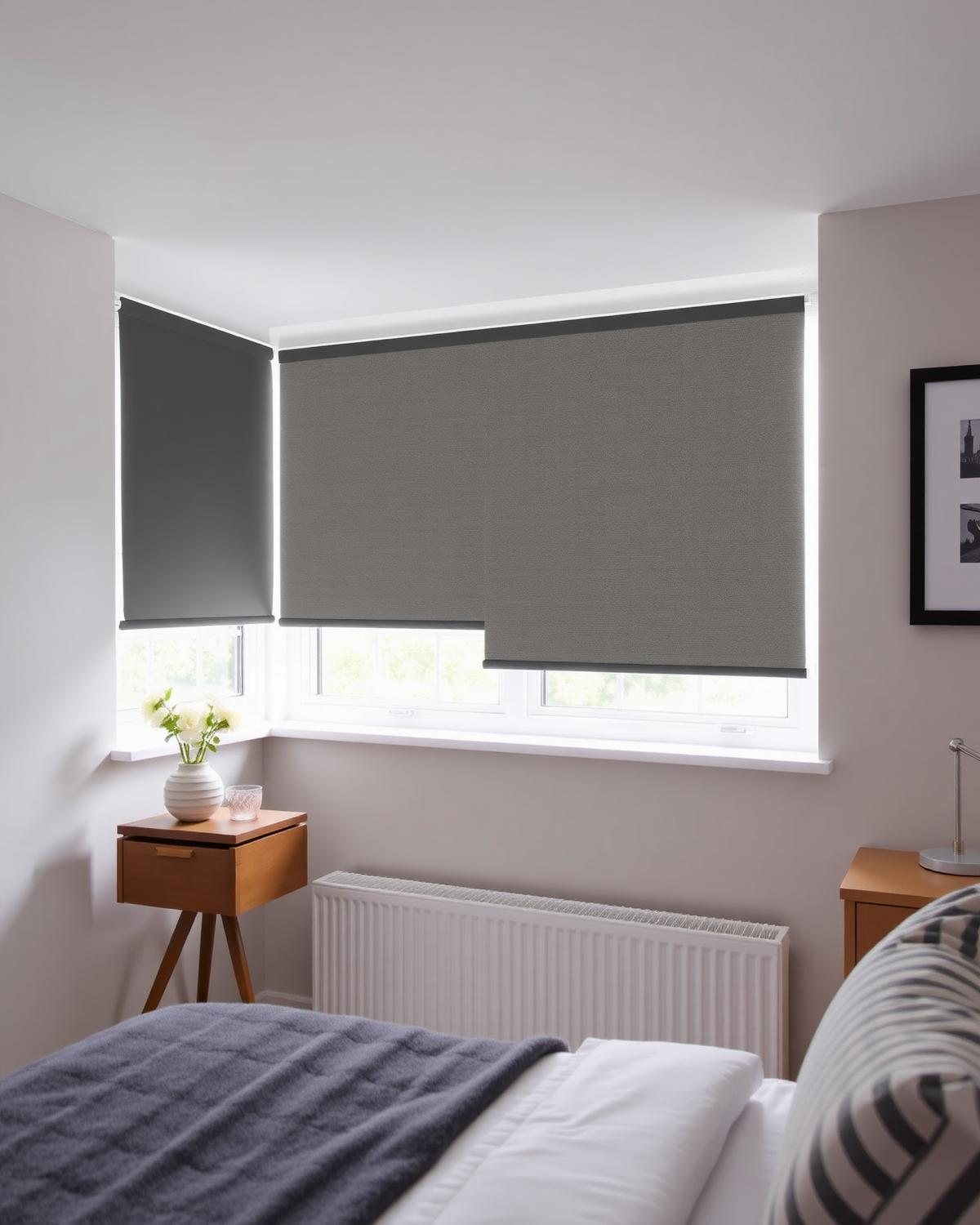 Blackout roller blinds fitted in a bedroom window recess