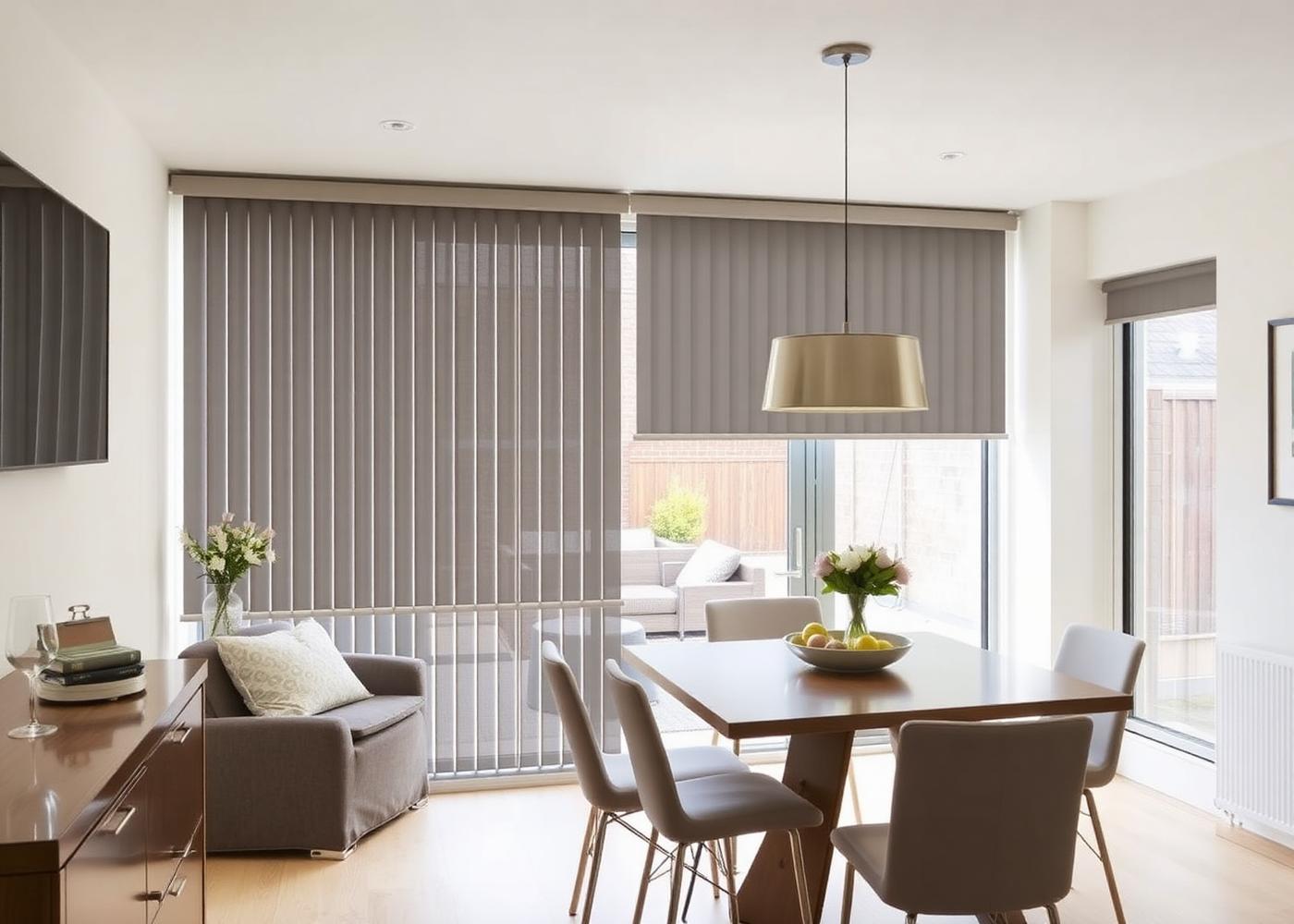 Grey vertical blinds fitted across patio doors in an open-plan dining area