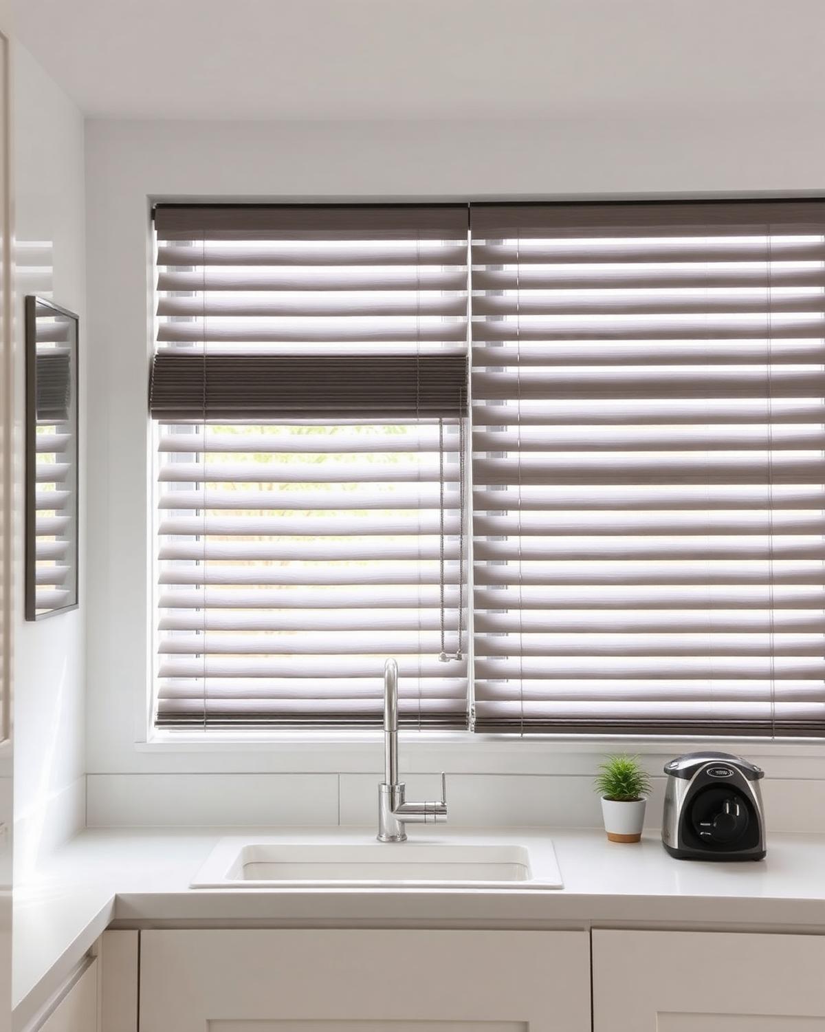 Faux wood venetian blinds fitted above a kitchen sink