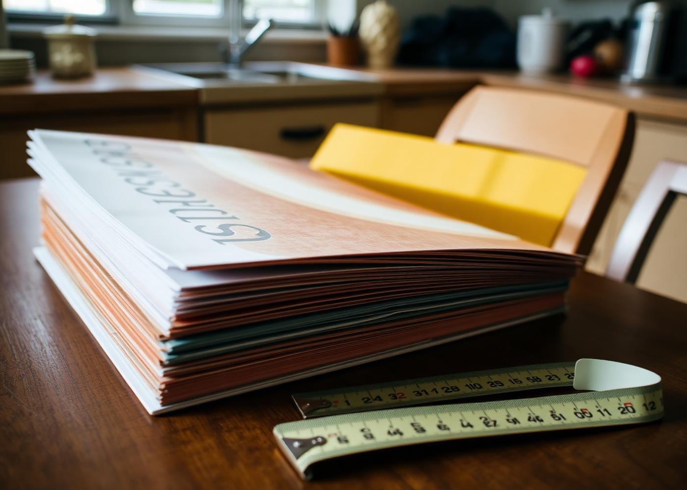 Fabric samples and a tape measure laid out on a windowsill during a home appointment